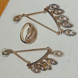 Goldtone Crystal Statement Earrings & Ring Set Sz 9 Art Deco–Inspired